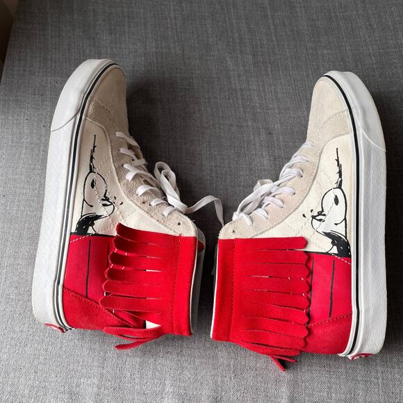 VANS x PEANUTS SK8-Hi Moc Sneakers Womens 10 Mens 8.5 Red Suede Fringe Snoopy - Picture 3 of 10
